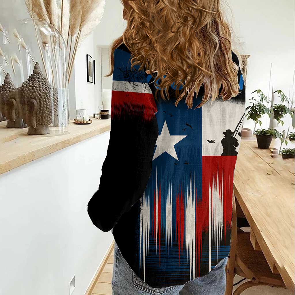 Texas Flag Fishing Women Casual Shirt with Silhouette Fisherman and Rustic Lake Scene in Red White Blue - Wonder Print Shop