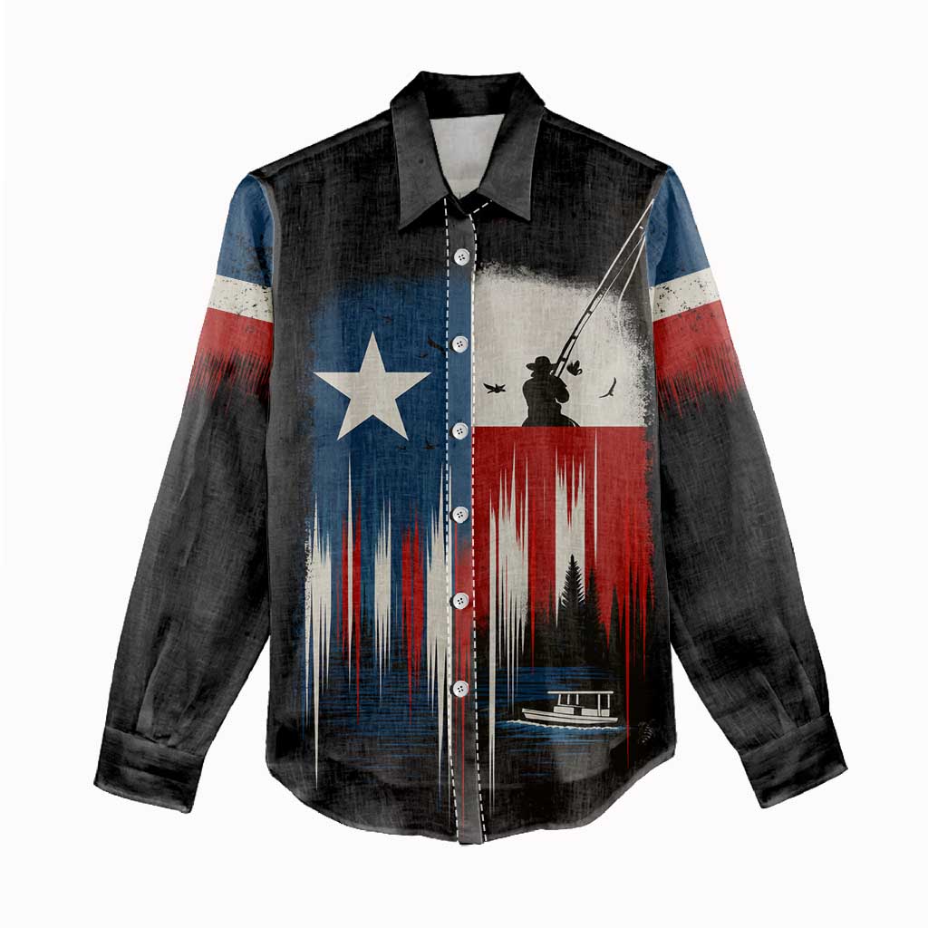 Texas Flag Fishing Women Casual Shirt with Silhouette Fisherman and Rustic Lake Scene in Red White Blue - Wonder Print Shop