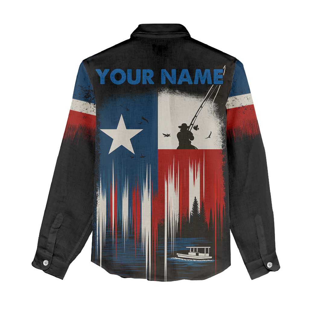 Texas Flag Fishing Women Casual Shirt with Silhouette Fisherman and Rustic Lake Scene in Red White Blue - Wonder Print Shop