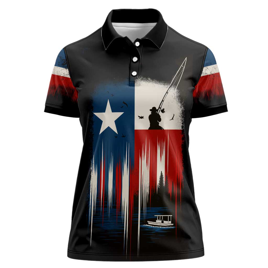 Texas Flag Fishing Women Polo Shirt with Silhouette Fisherman and Rustic Lake Scene in Red White Blue - Wonder Print Shop