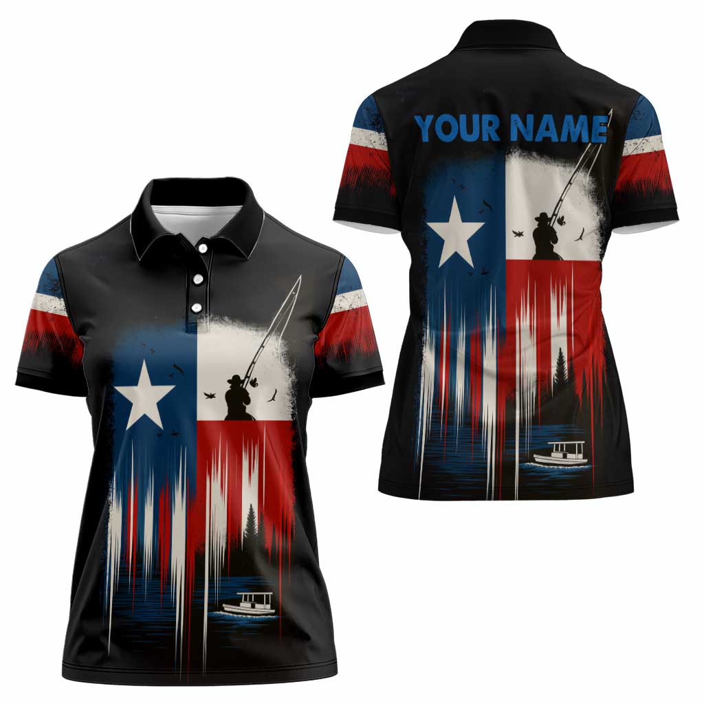 Texas Flag Fishing Women Polo Shirt with Silhouette Fisherman and Rustic Lake Scene in Red White Blue - Wonder Print Shop