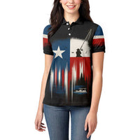 Texas Flag Fishing Women Polo Shirt with Silhouette Fisherman and Rustic Lake Scene in Red White Blue - Wonder Print Shop