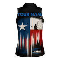 Texas Flag Fishing Women Sleeveless Polo Shirt with Silhouette Fisherman and Rustic Lake Scene in Red White Blue - Wonder Print Shop