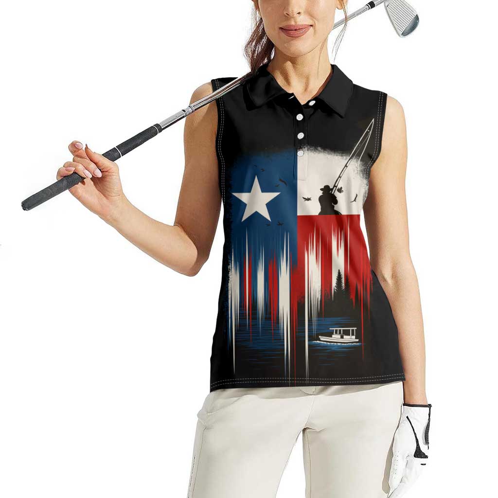 Texas Flag Fishing Women Sleeveless Polo Shirt with Silhouette Fisherman and Rustic Lake Scene in Red White Blue - Wonder Print Shop