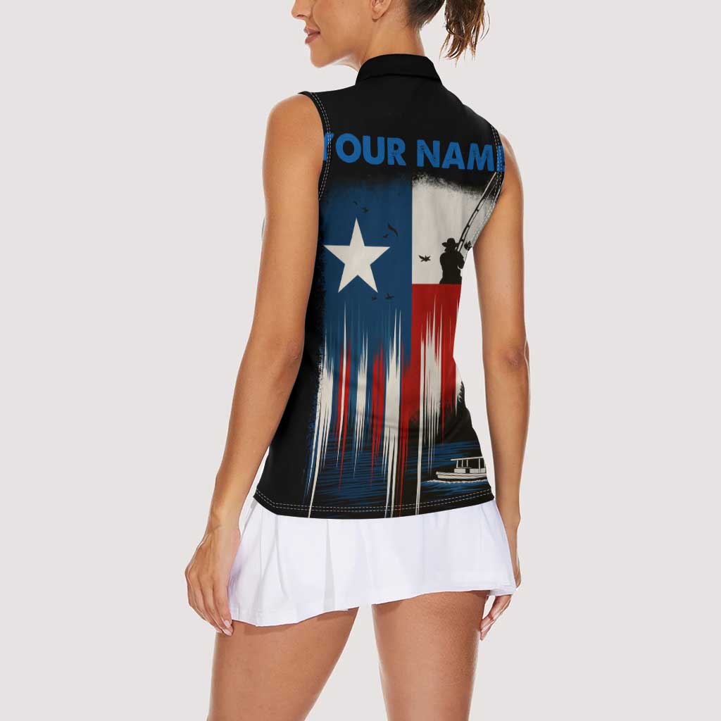 Texas Flag Fishing Women Sleeveless Polo Shirt with Silhouette Fisherman and Rustic Lake Scene in Red White Blue - Wonder Print Shop