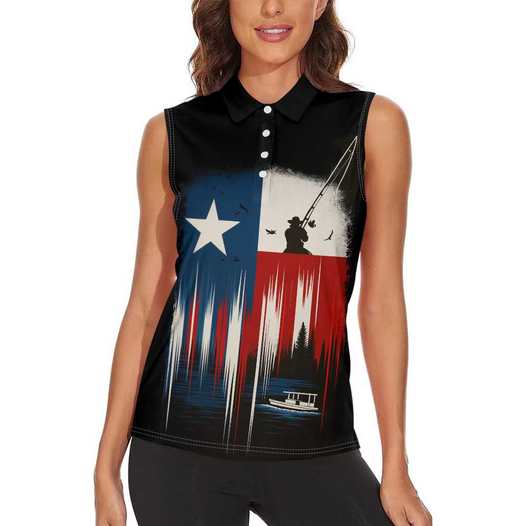 Texas Flag Fishing Women Sleeveless Polo Shirt with Silhouette Fisherman and Rustic Lake Scene in Red White Blue - Wonder Print Shop