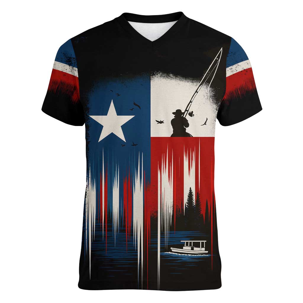 Texas Flag Fishing Women V-Neck T-Shirt with Silhouette Fisherman and Rustic Lake Scene in Red White Blue - Wonder Print Shop
