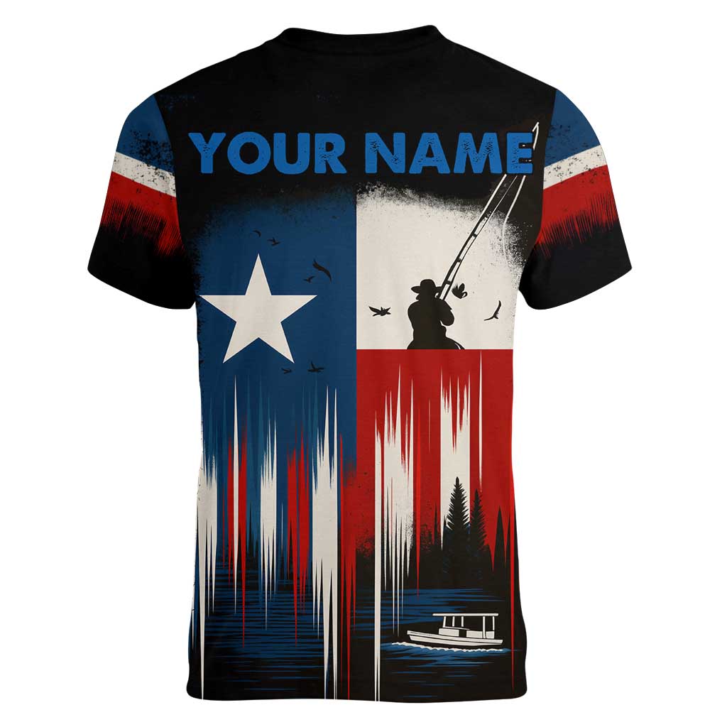 Texas Flag Fishing Women V-Neck T-Shirt with Silhouette Fisherman and Rustic Lake Scene in Red White Blue - Wonder Print Shop