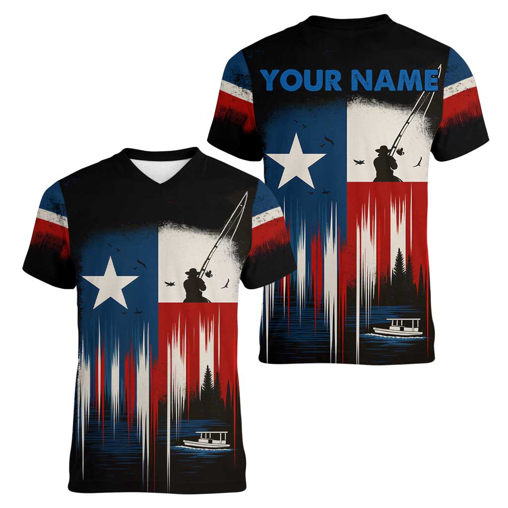 Texas Flag Fishing Women V-Neck T-Shirt with Silhouette Fisherman and Rustic Lake Scene in Red White Blue - Wonder Print Shop