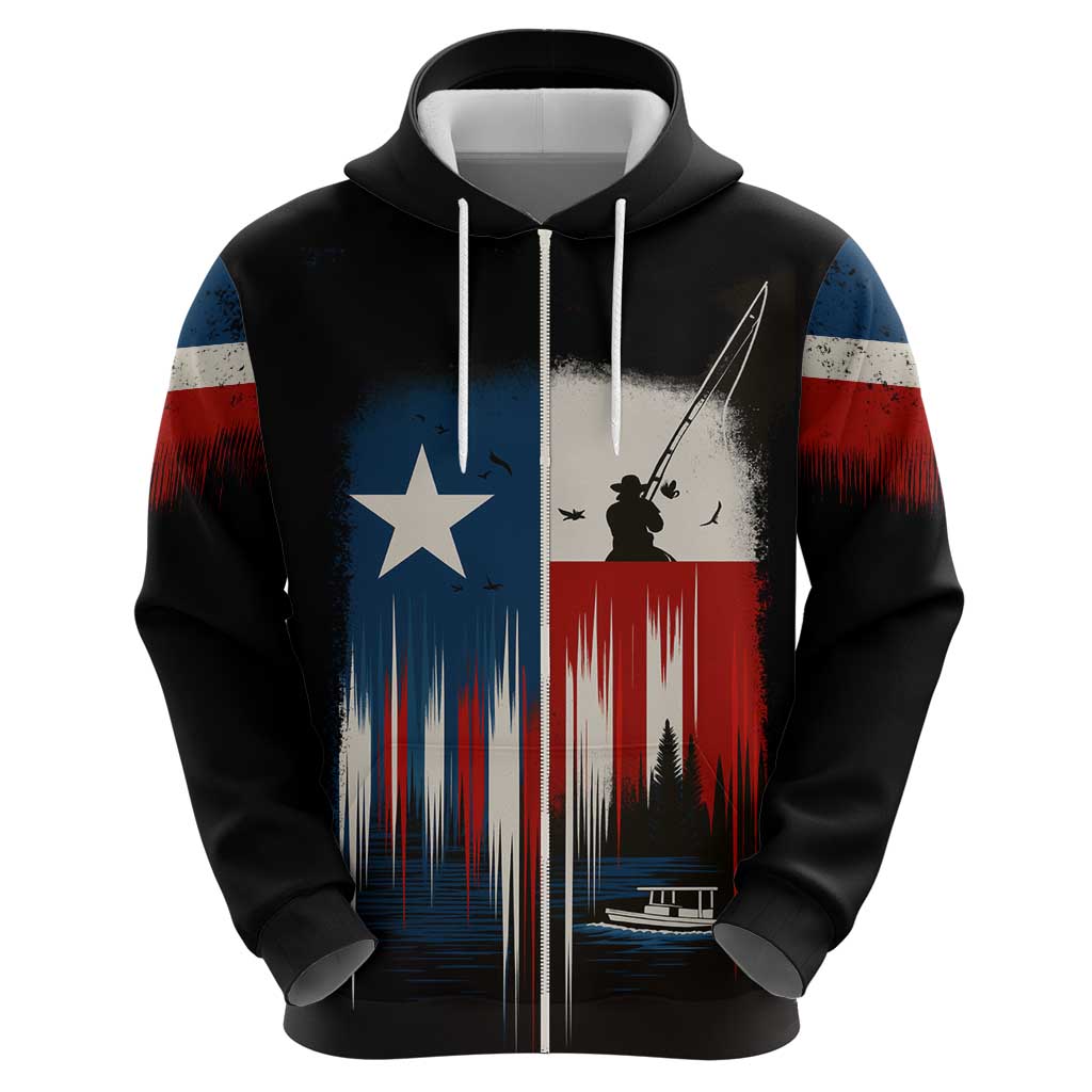 Texas Flag Fishing Zip Hoodie with Silhouette Fisherman and Rustic Lake Scene in Red White Blue - Wonder Print Shop
