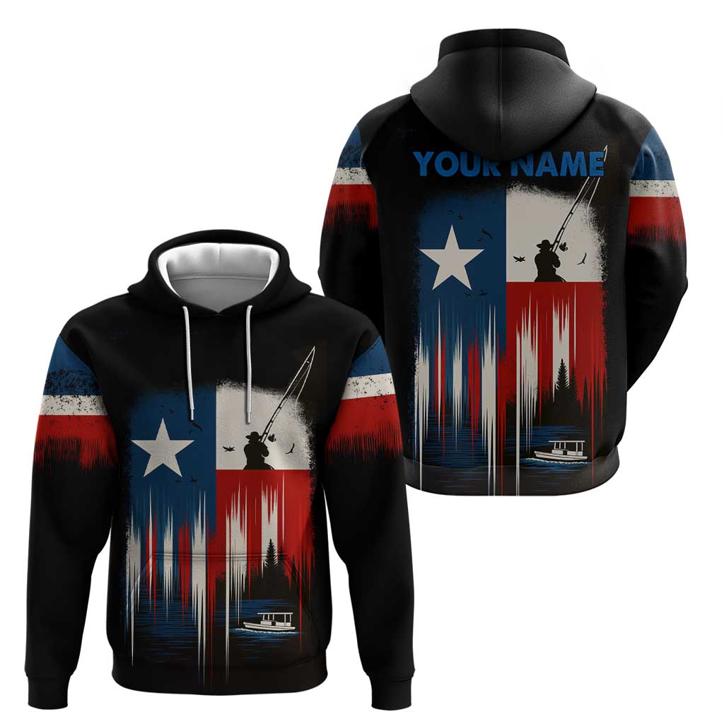 Texas Flag Fishing Zip Hoodie with Silhouette Fisherman and Rustic Lake Scene in Red White Blue - Wonder Print Shop