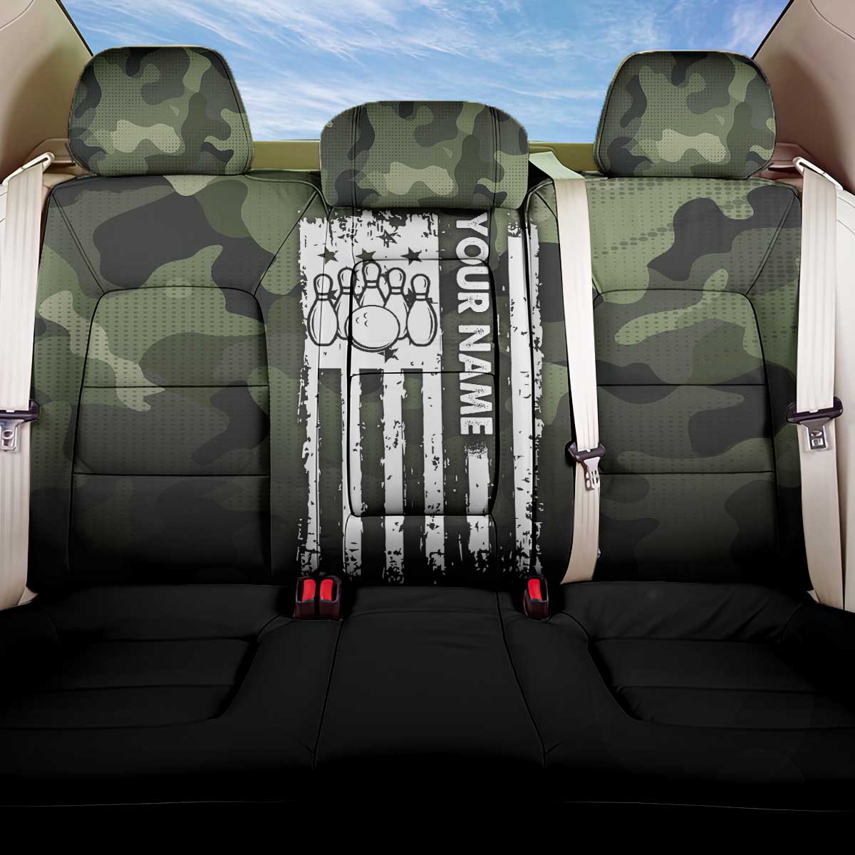 Camouflage Bowling Back Car Seat Cover with Grunge American Flag and Pin Emblem in Military Green - Wonder Print Shop