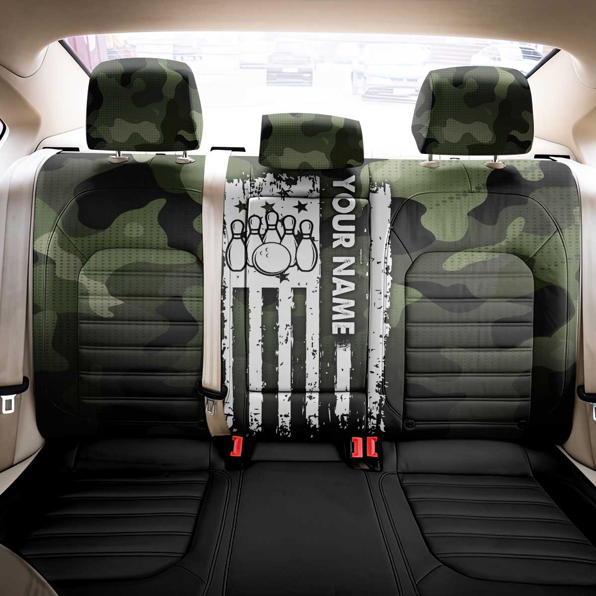 Camouflage Bowling Back Car Seat Cover with Grunge American Flag and Pin Emblem in Military Green - Wonder Print Shop