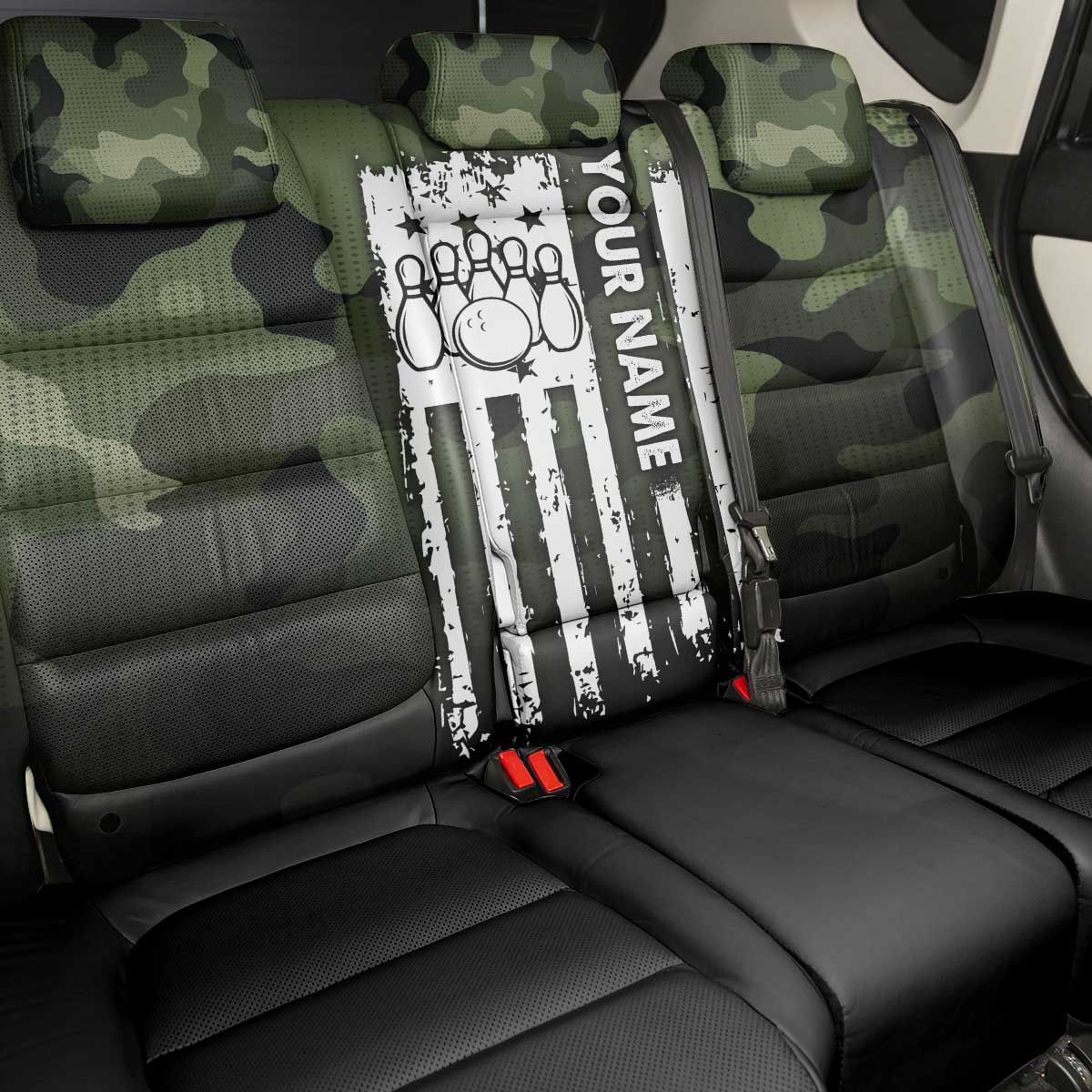 Camouflage Bowling Back Car Seat Cover with Grunge American Flag and Pin Emblem in Military Green - Wonder Print Shop