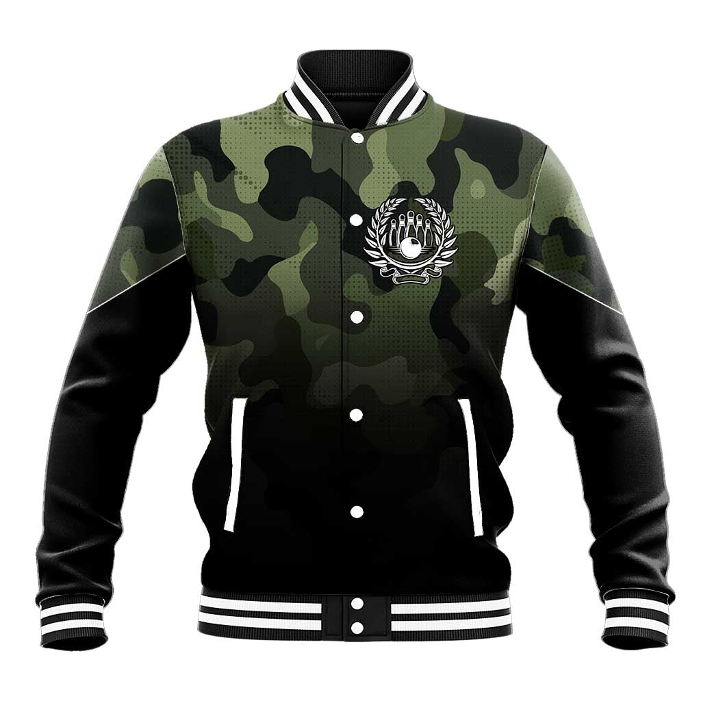 Camouflage Bowling Baseball Jacket with Grunge American Flag and Pin Emblem in Military Green - Wonder Print Shop