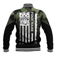 Camouflage Bowling Baseball Jacket with Grunge American Flag and Pin Emblem in Military Green - Wonder Print Shop