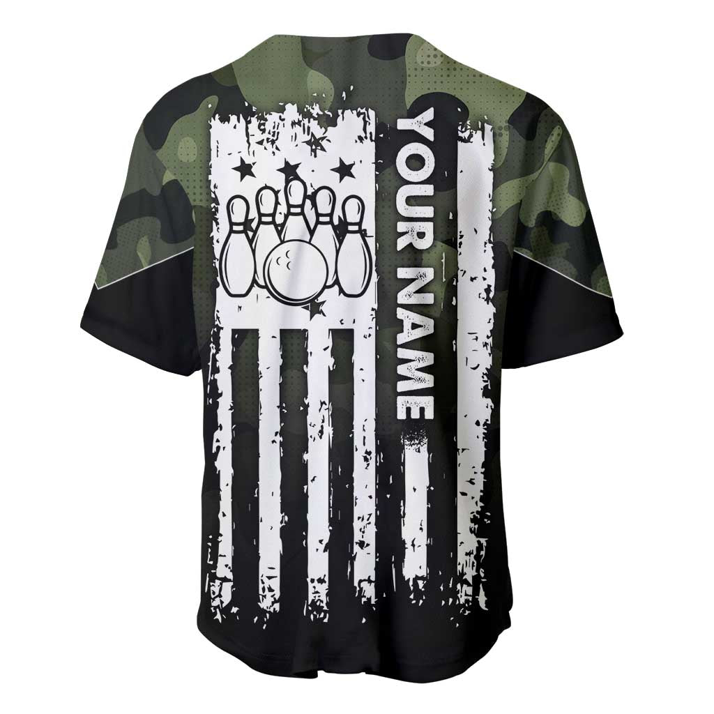 Camouflage Bowling Baseball Jersey with Grunge American Flag and Pin Emblem in Military Green - Wonder Print Shop