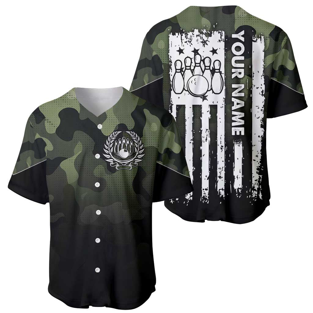 Camouflage Bowling Baseball Jersey with Grunge American Flag and Pin Emblem in Military Green - Wonder Print Shop