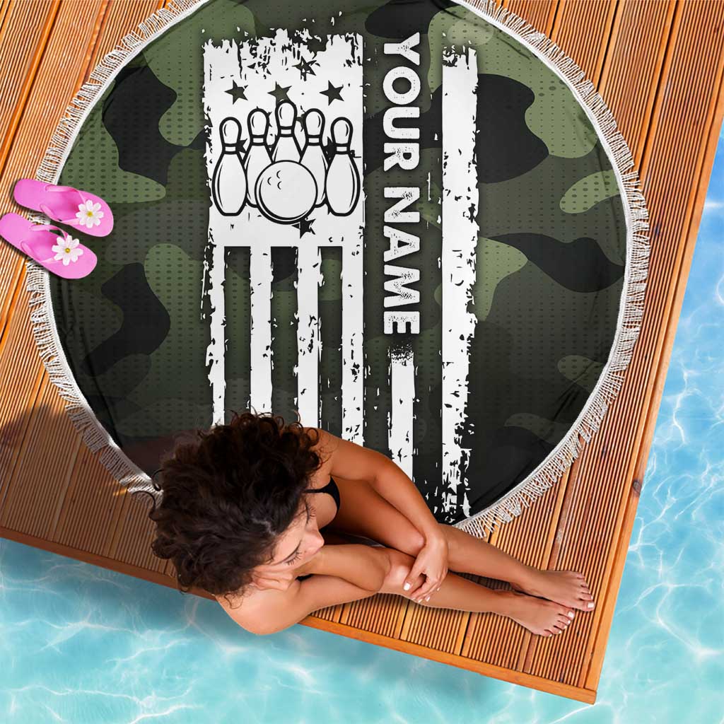 Camouflage Bowling Beach Blanket with Grunge American Flag and Pin Emblem in Military Green - Wonder Print Shop