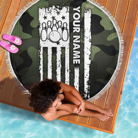 Camouflage Bowling Beach Blanket with Grunge American Flag and Pin Emblem in Military Green - Wonder Print Shop