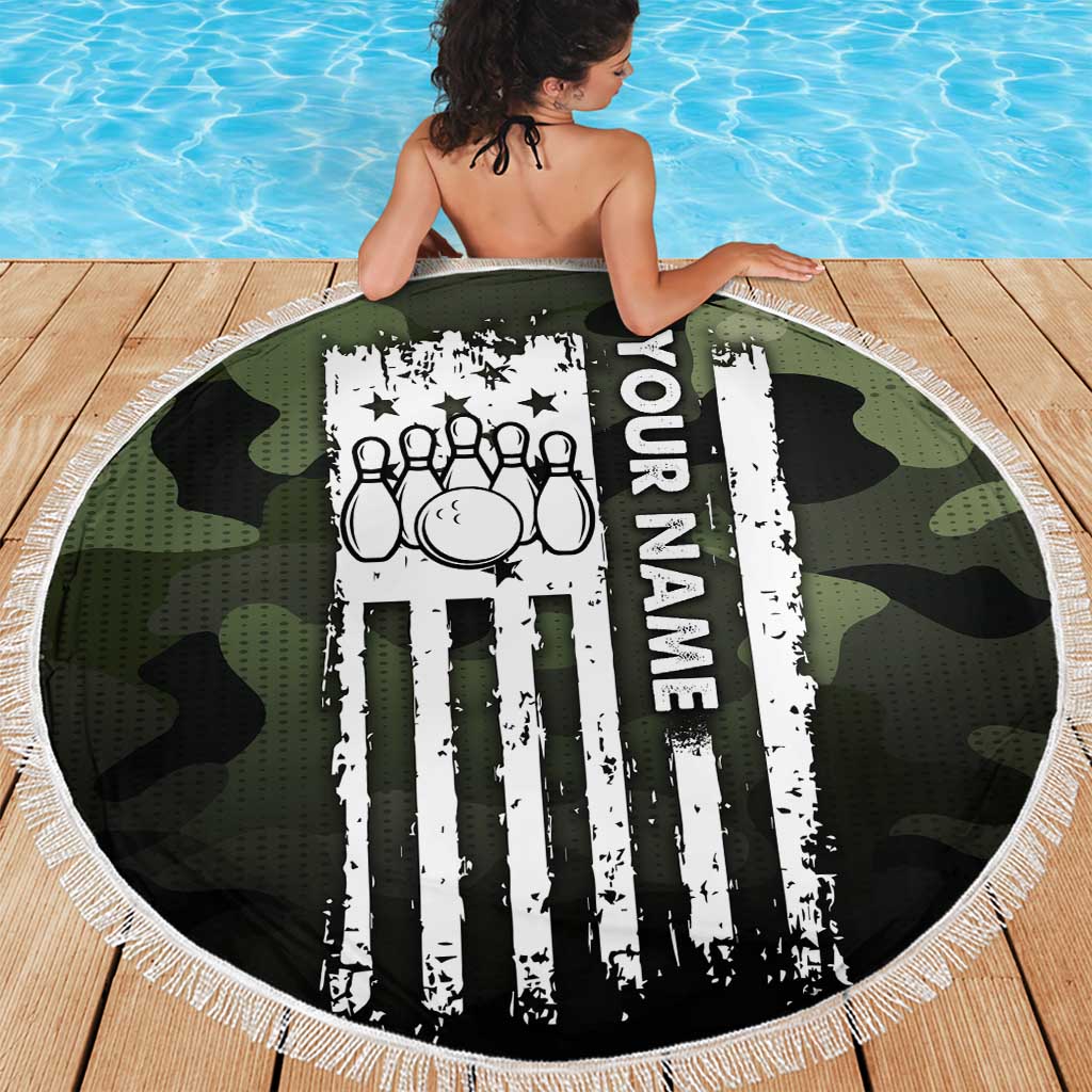 Camouflage Bowling Beach Blanket with Grunge American Flag and Pin Emblem in Military Green - Wonder Print Shop