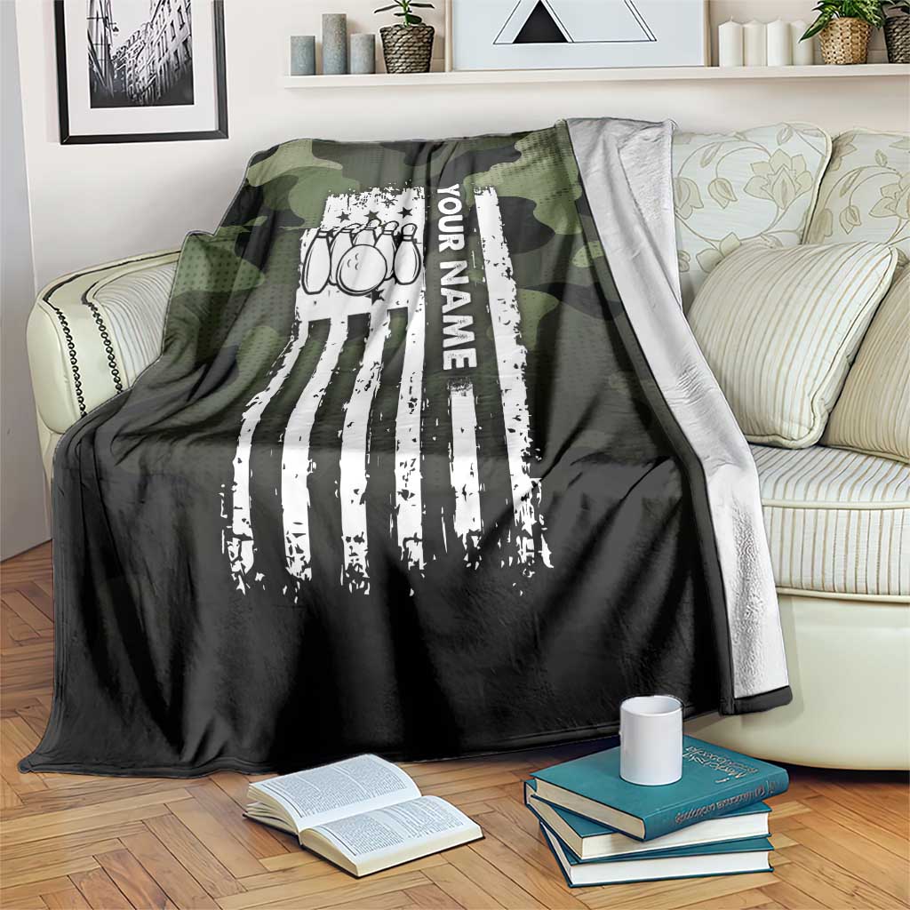 Camouflage Bowling Blanket with Grunge American Flag and Pin Emblem in Military Green - Wonder Print Shop
