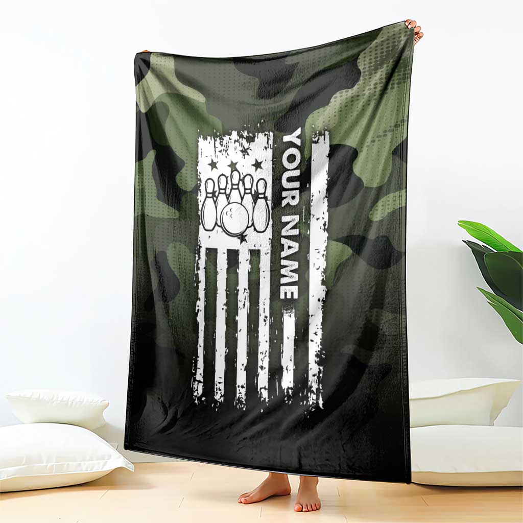 Camouflage Bowling Blanket with Grunge American Flag and Pin Emblem in Military Green - Wonder Print Shop