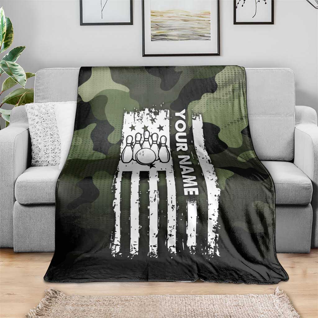 Camouflage Bowling Blanket with Grunge American Flag and Pin Emblem in Military Green - Wonder Print Shop