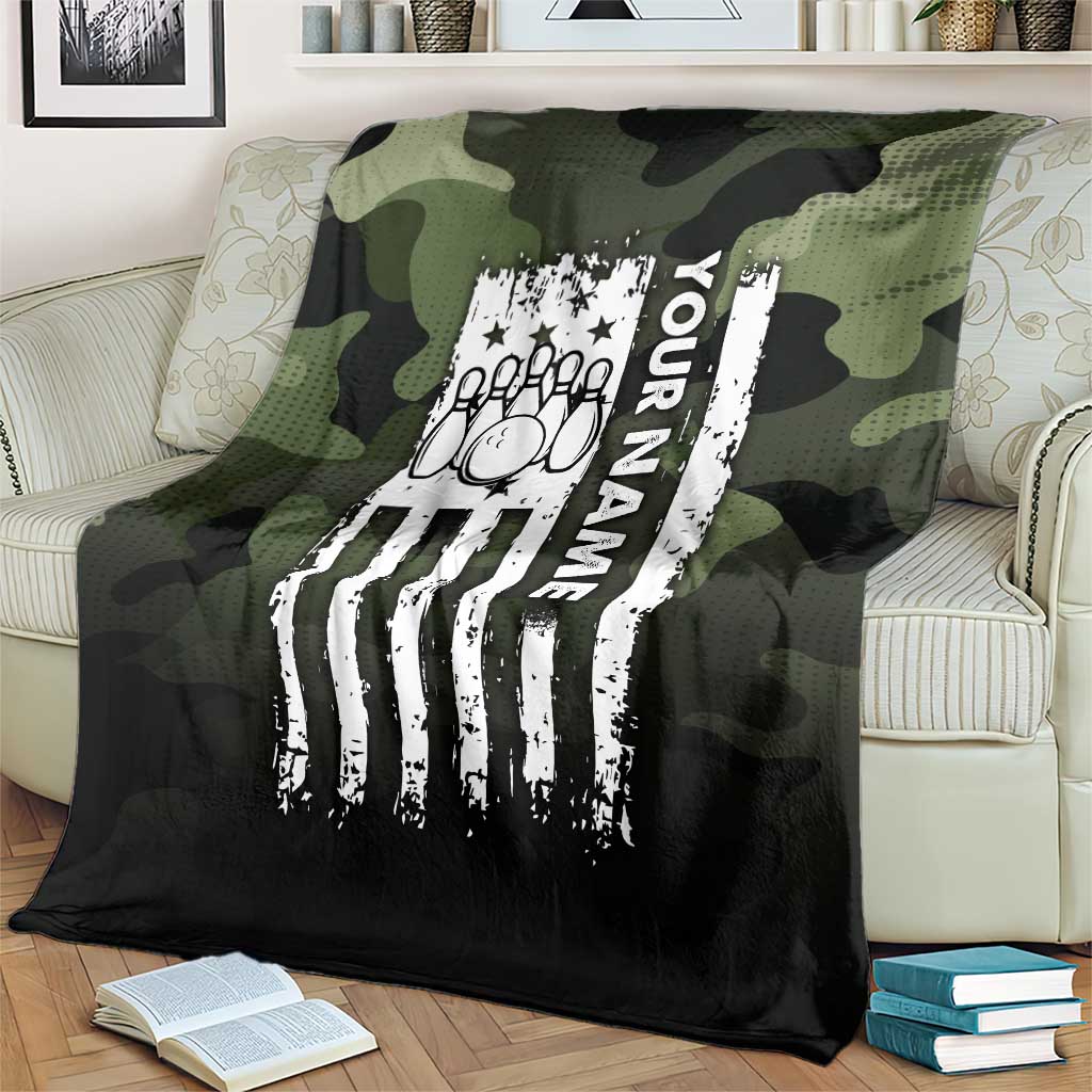 Camouflage Bowling Blanket with Grunge American Flag and Pin Emblem in Military Green - Wonder Print Shop