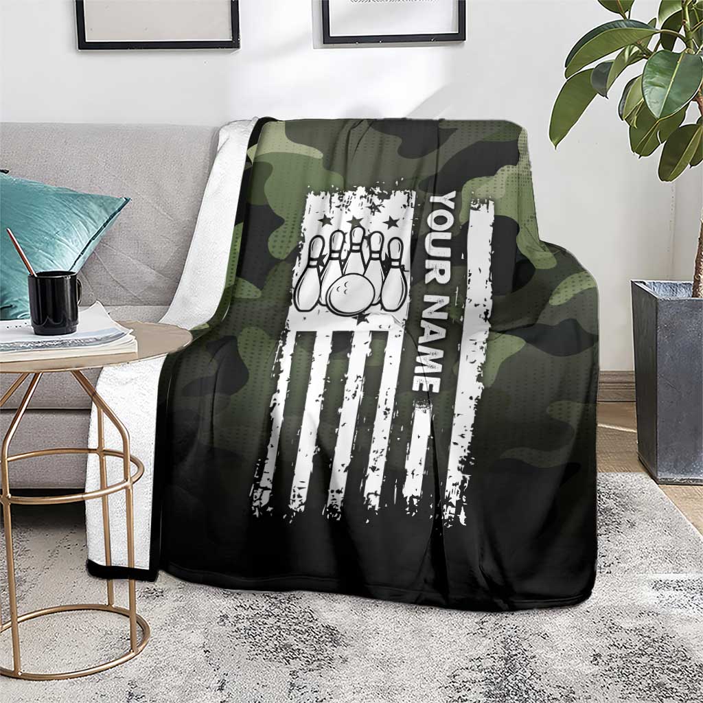 Camouflage Bowling Blanket with Grunge American Flag and Pin Emblem in Military Green - Wonder Print Shop