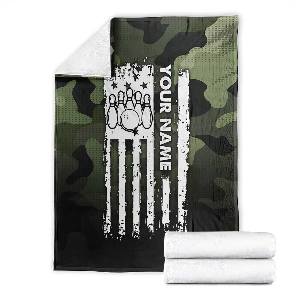 Camouflage Bowling Blanket with Grunge American Flag and Pin Emblem in Military Green - Wonder Print Shop