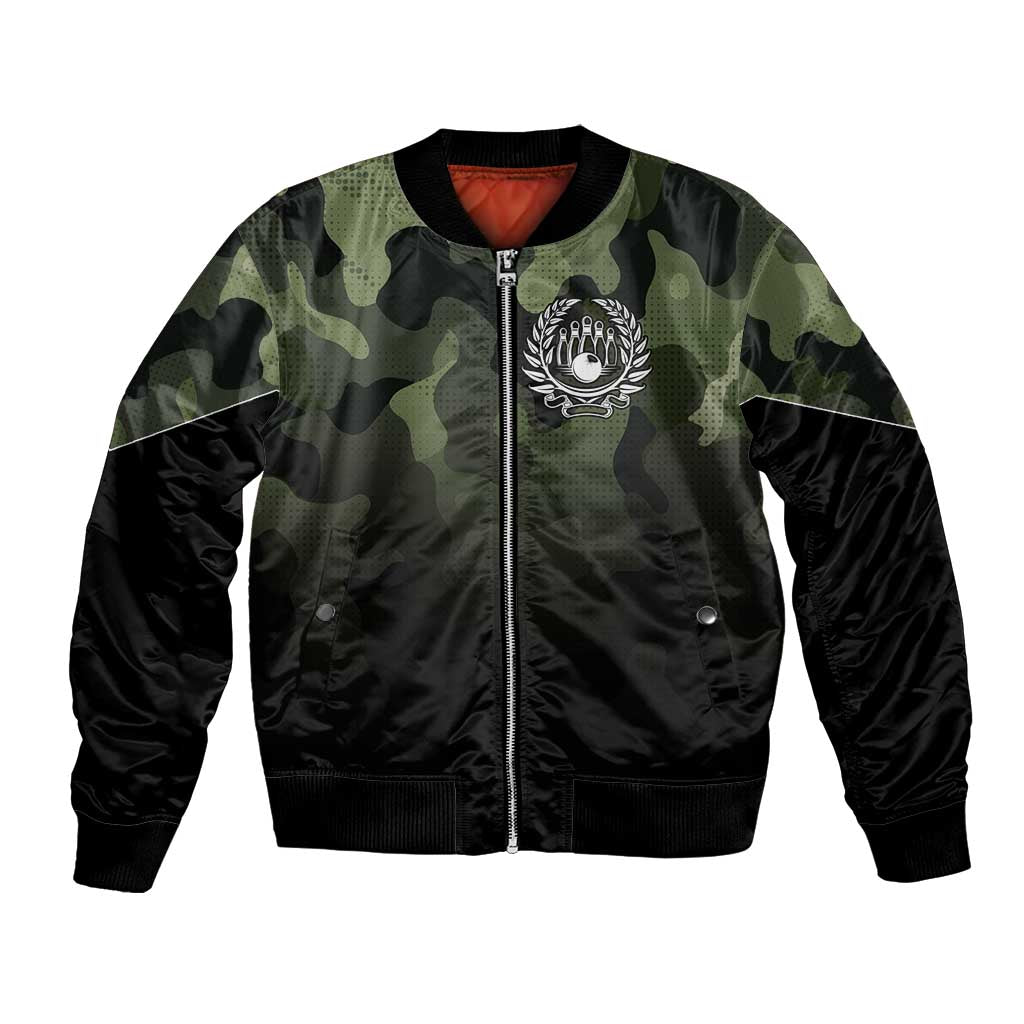 Camouflage Bowling Bomber Jacket with Grunge American Flag and Pin Emblem in Military Green - Wonder Print Shop