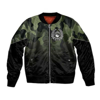 Camouflage Bowling Bomber Jacket with Grunge American Flag and Pin Emblem in Military Green - Wonder Print Shop