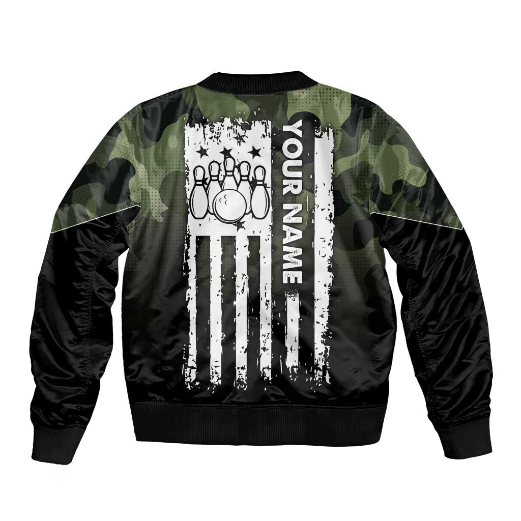 Camouflage Bowling Bomber Jacket with Grunge American Flag and Pin Emblem in Military Green - Wonder Print Shop