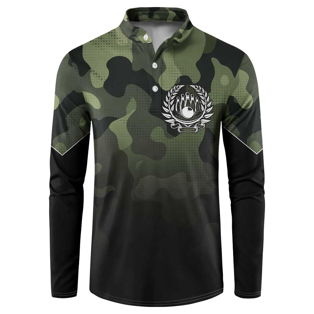 Camouflage Bowling Button Sweatshirt with Grunge American Flag and Pin Emblem in Military Green - Wonder Print Shop
