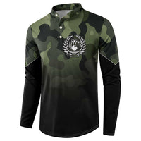 Camouflage Bowling Button Sweatshirt with Grunge American Flag and Pin Emblem in Military Green - Wonder Print Shop