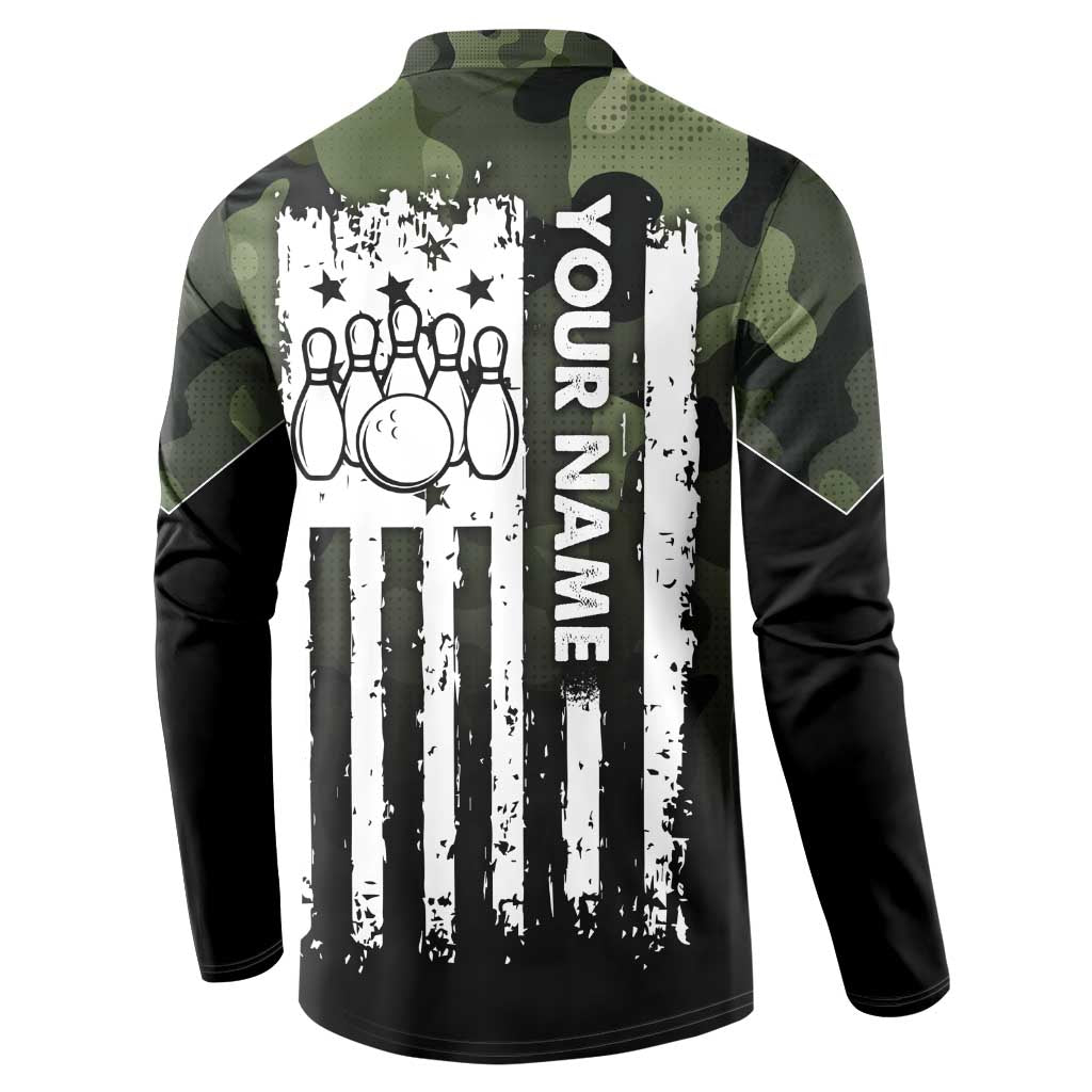 Camouflage Bowling Button Sweatshirt with Grunge American Flag and Pin Emblem in Military Green - Wonder Print Shop