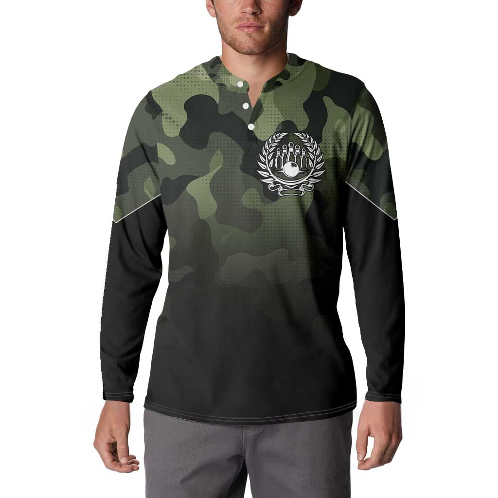 Camouflage Bowling Button Sweatshirt with Grunge American Flag and Pin Emblem in Military Green - Wonder Print Shop