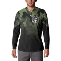 Camouflage Bowling Button Sweatshirt with Grunge American Flag and Pin Emblem in Military Green - Wonder Print Shop