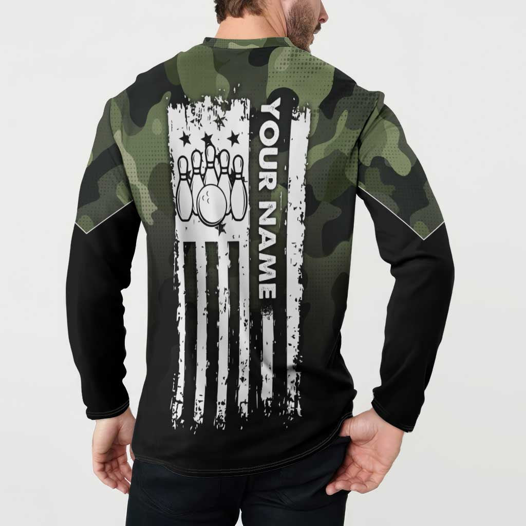 Camouflage Bowling Button Sweatshirt with Grunge American Flag and Pin Emblem in Military Green - Wonder Print Shop