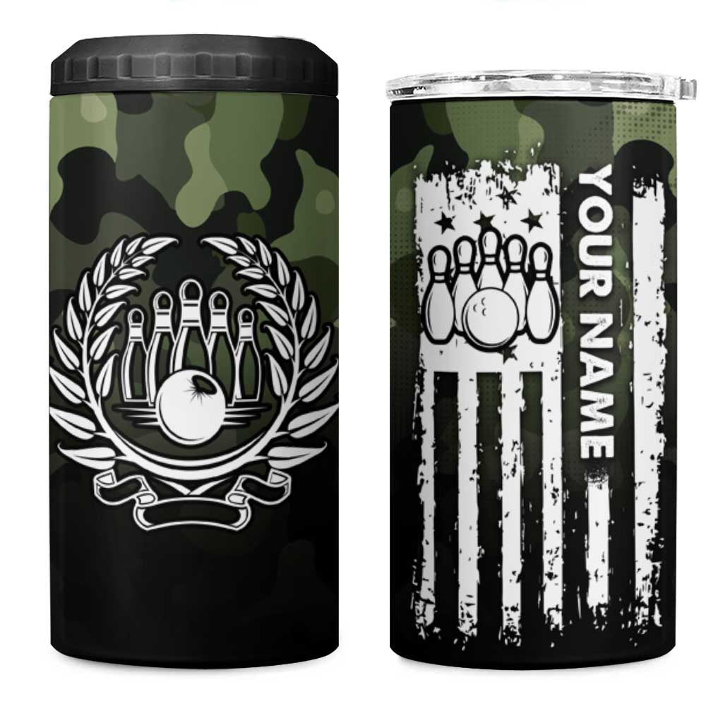 Camouflage Bowling 4 in 1 Can Cooler Tumbler with Grunge American Flag and Pin Emblem in Military Green - Wonder Print Shop