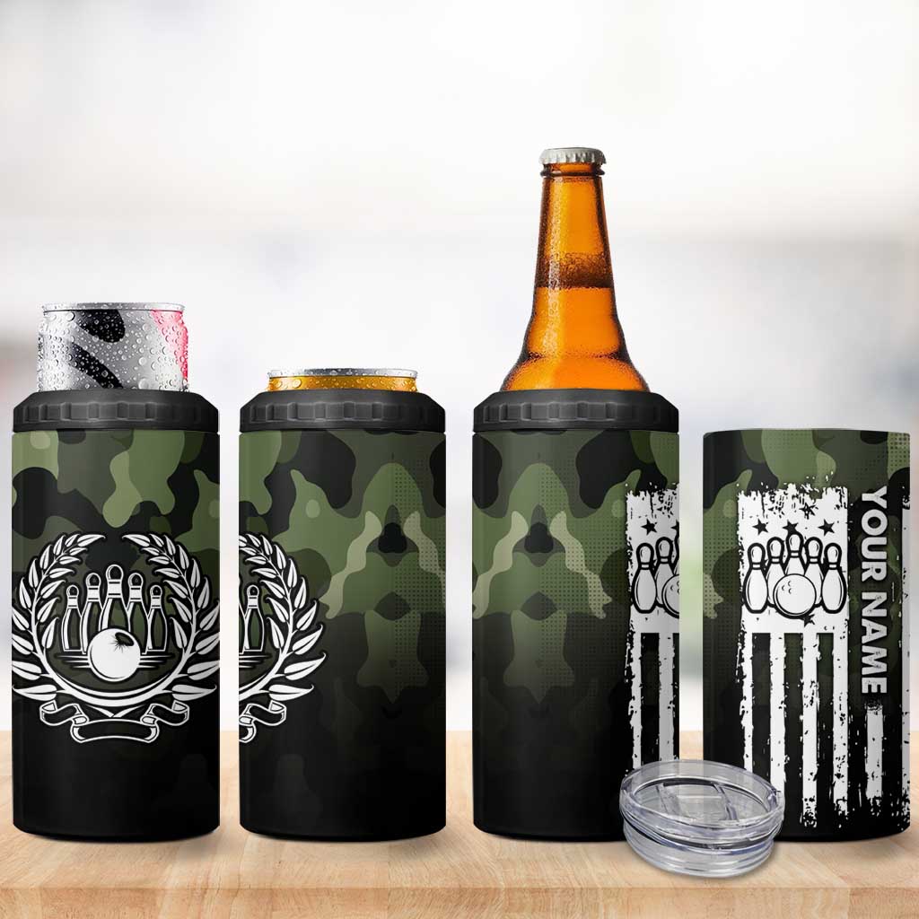 Camouflage Bowling 4 in 1 Can Cooler Tumbler with Grunge American Flag and Pin Emblem in Military Green - Wonder Print Shop