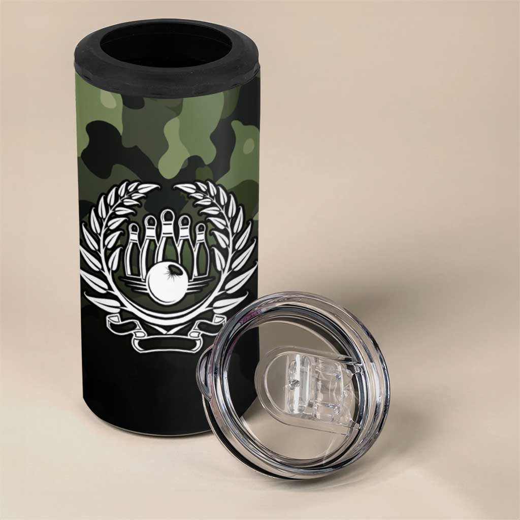 Camouflage Bowling 4 in 1 Can Cooler Tumbler with Grunge American Flag and Pin Emblem in Military Green - Wonder Print Shop