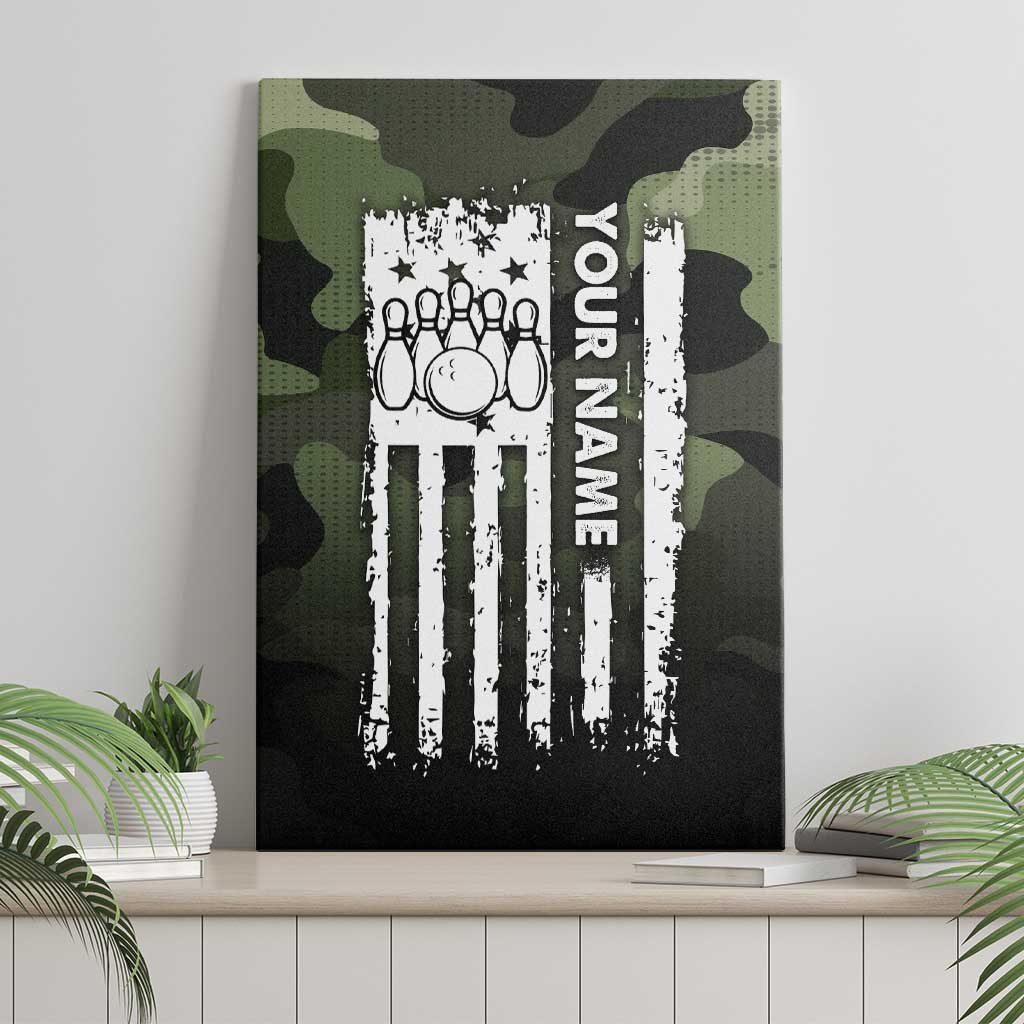 Camouflage Bowling Canvas Wall Art with Grunge American Flag and Pin Emblem in Military Green - Wonder Print Shop