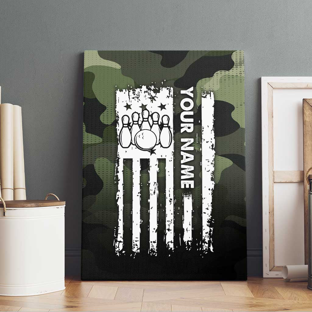 Camouflage Bowling Canvas Wall Art with Grunge American Flag and Pin Emblem in Military Green - Wonder Print Shop