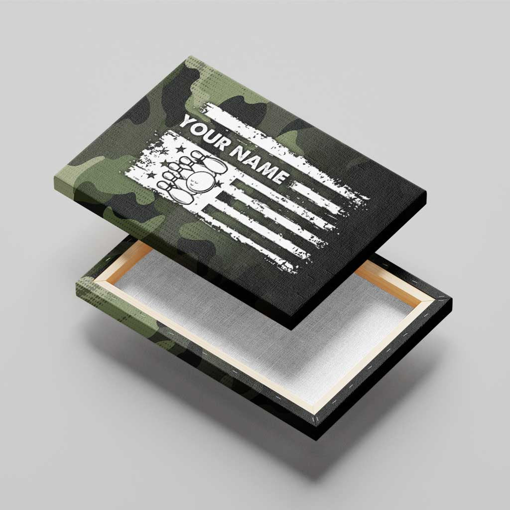 Camouflage Bowling Canvas Wall Art with Grunge American Flag and Pin Emblem in Military Green - Wonder Print Shop