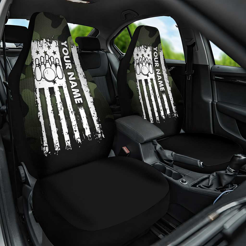 Camouflage Bowling Car Seat Cover with Grunge American Flag and Pin Emblem in Military Green - Wonder Print Shop