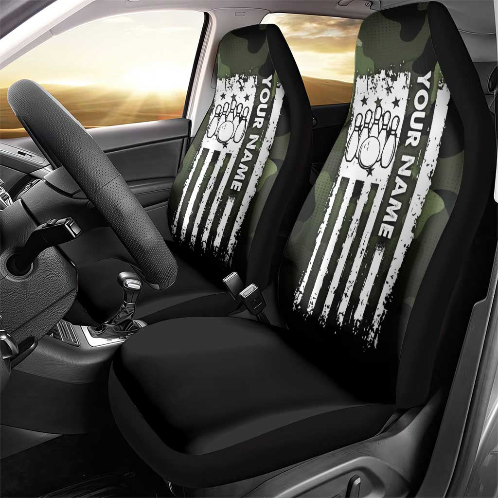 Camouflage Bowling Car Seat Cover with Grunge American Flag and Pin Emblem in Military Green - Wonder Print Shop