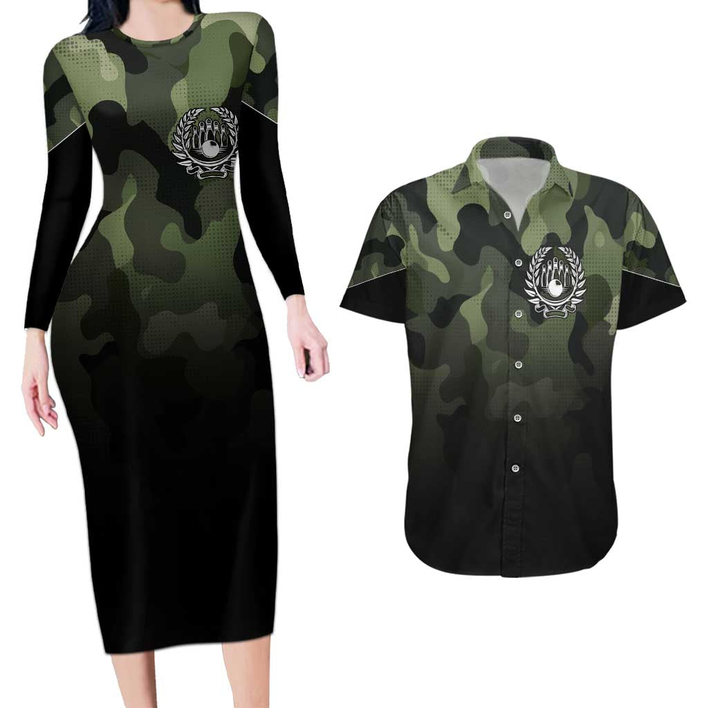 Camouflage Bowling Couples Matching Long Sleeve Bodycon Dress and Hawaiian Shirt with Grunge American Flag and Pin Emblem in Military Green - Wonder Print Shop