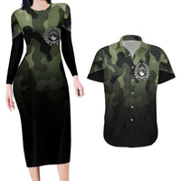 Camouflage Bowling Couples Matching Long Sleeve Bodycon Dress and Hawaiian Shirt with Grunge American Flag and Pin Emblem in Military Green - Wonder Print Shop